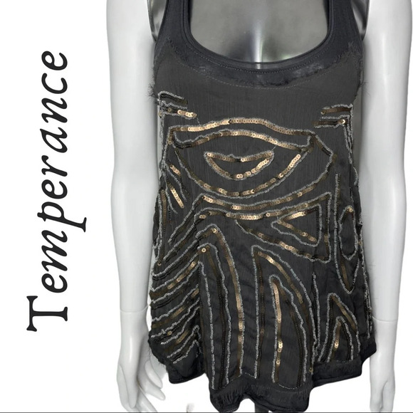 Temperance Boho Tank Top Sequin Beading  Grey Gold Size Small - Picture 1 of 5